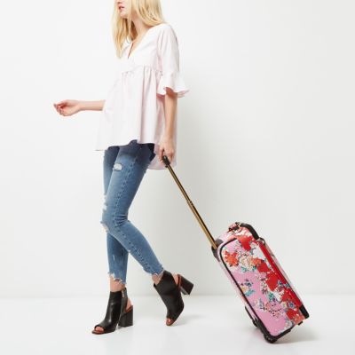 Pink and red floral print cabin suitcase